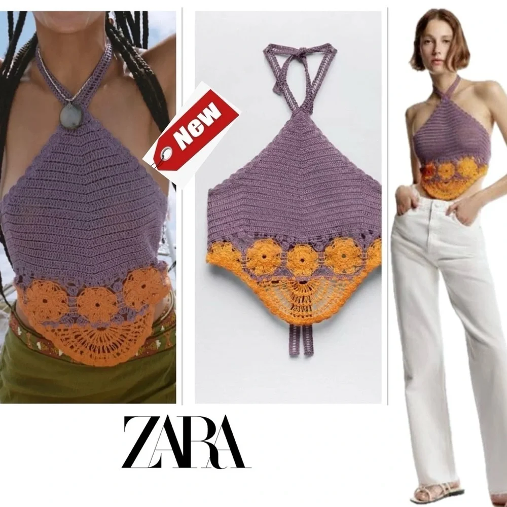 Zara purple orange crochet knit boho halter crop top NWT bohemian - Picture 13 of 13